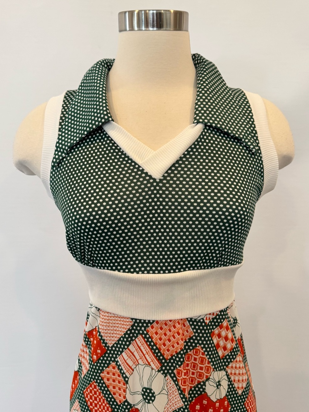 70s Vintage Groovy Plaid Polka Dot Green Halter Dress Maxi Gown & Jacket Set - Picture 4 of 12